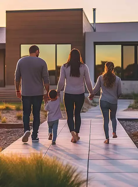 A Family of Four Walking Towards Their Home