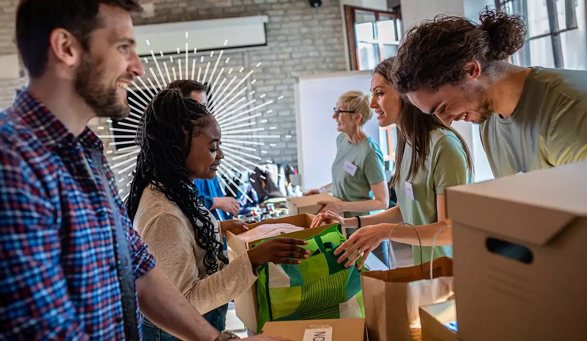 Volunteers working in a donation center